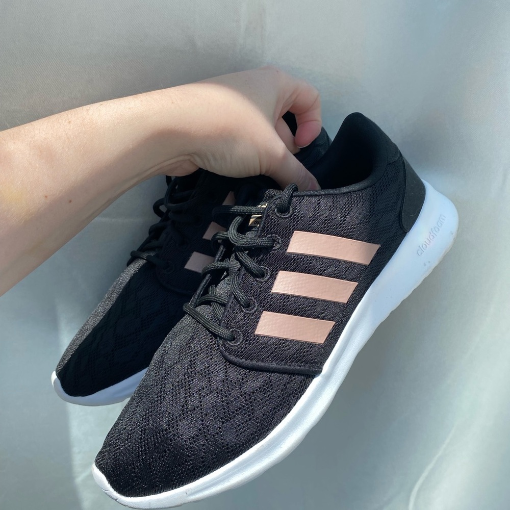Adidas Cloudfoams Women's Black Sneakers with Rose Pink Stripes
